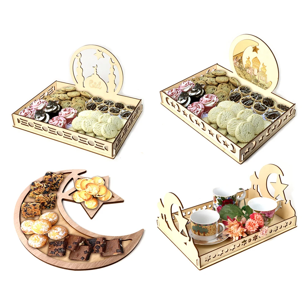 

Islamic Muslim Eid Mubarak Dessert Pastry Wooden Storage Tray Serving Plate Ramadan Kareem Party Ornaments Festival Supplies