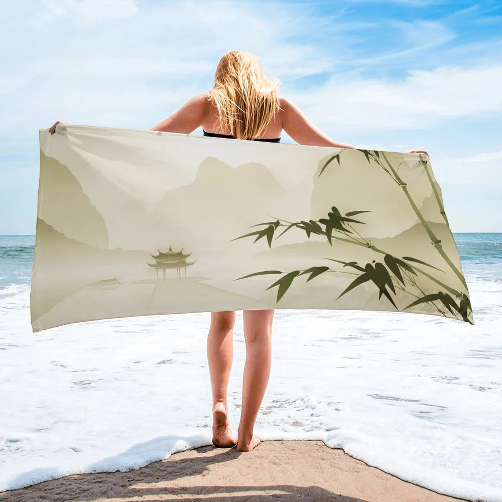 

Chinese Style Bamboo Branch Pavilion Bath Towel Camping Bathroom Accessories Microfiber Beach Towel Home Bath Towels for Adults