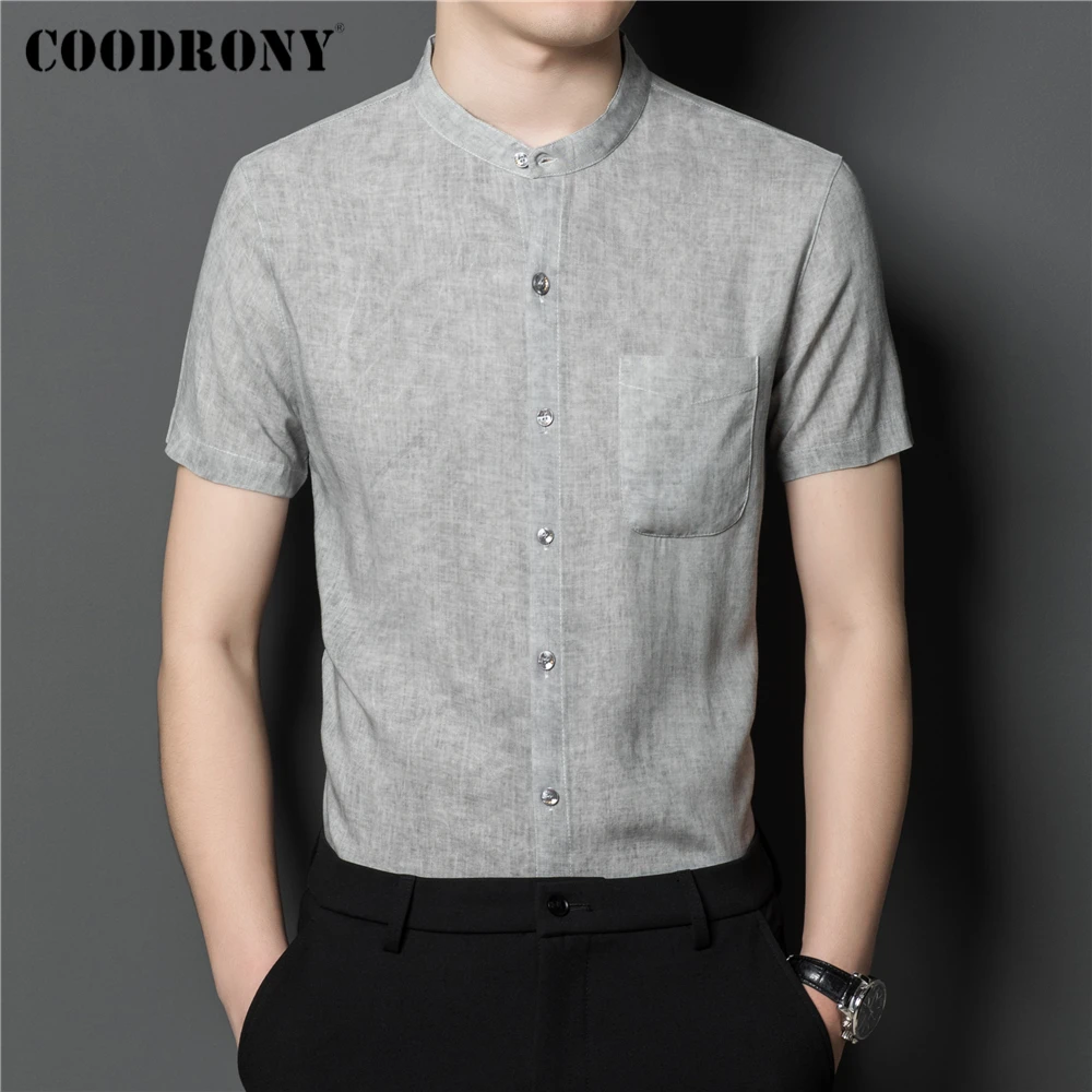 

COODRONY Brand Solid Color Collarless Short Sleeve Shirt Homme New Arrivals High Quality Pocket Linen Shirt Men Clothes Z6094S