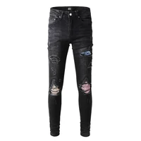 Men's Black Slim Fit Streetwear Fashion Distressed Skinny Stretch Destroyed Holes Tie Dye Bandana Ribs Patches Ripped Jean Pants