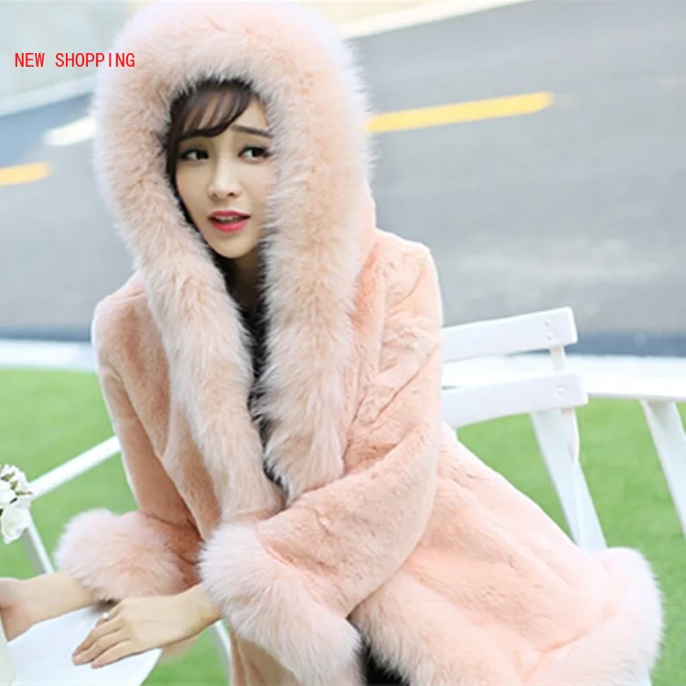 Elegant Long Casual Fur Coat New Fashion Women's Autumn Winter Hooded Women Luxurious Middle Long Rabbit Hair Collar Warm Coats