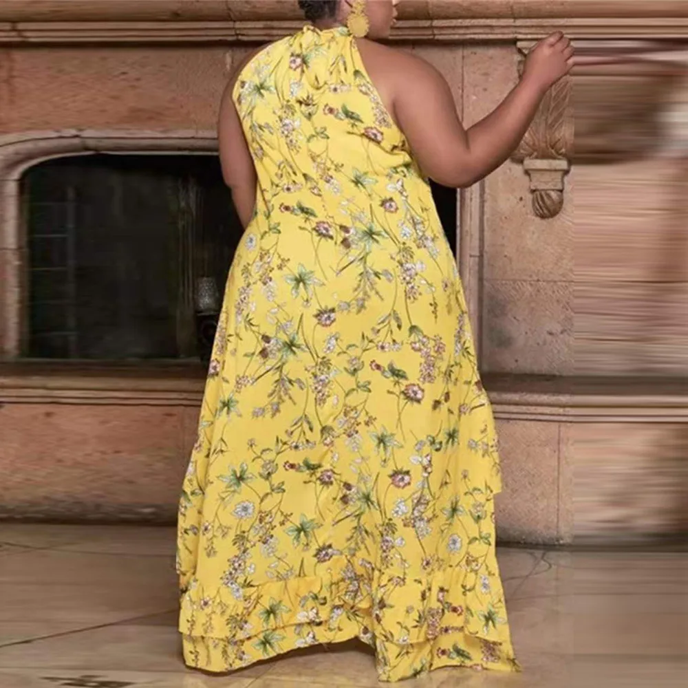 Plus Size Solid Large Women's Commuter Long Dress Women's Dress Round Neck Printed Sleeveless Large Swing Irregular Swing Skirt