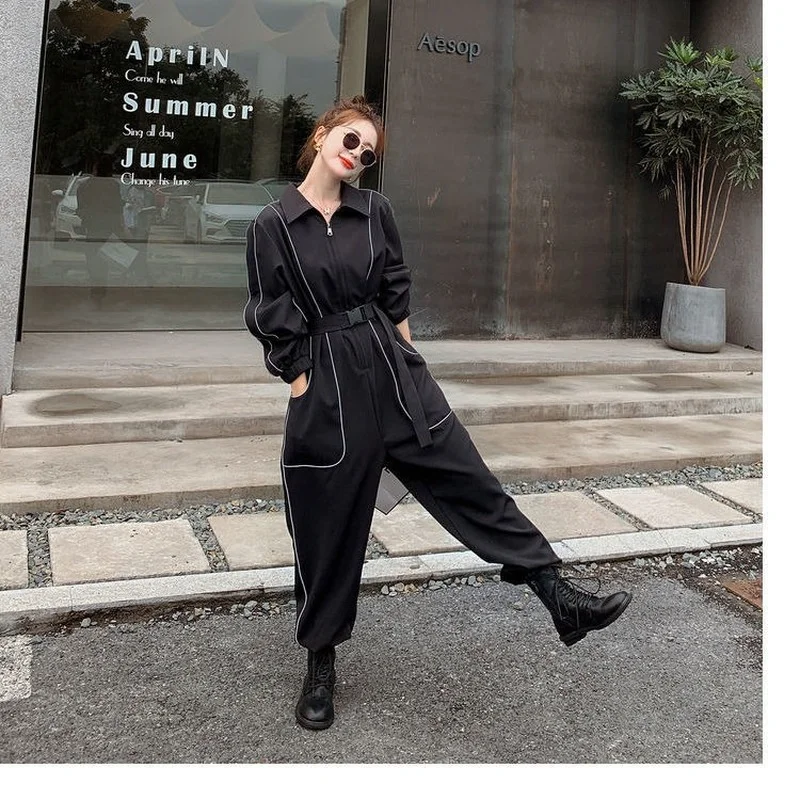 

Work Office Women Jumpsuit Spring Autumn Fashion Streetwear Overall Loose Solid Long Playsuit Sashes Jumpsuit Rompers New J407