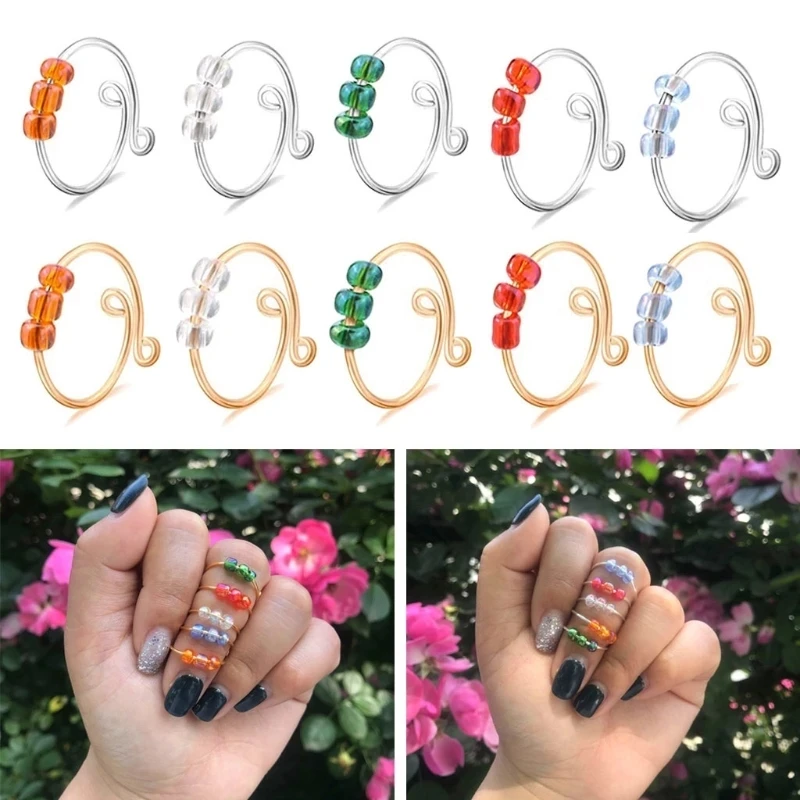 

New Fashion Ins Beads Adjustable Rings Anxiety Relief Ring Stress Relieving Ring Gold Trendy Jewelry Gift Wholesale