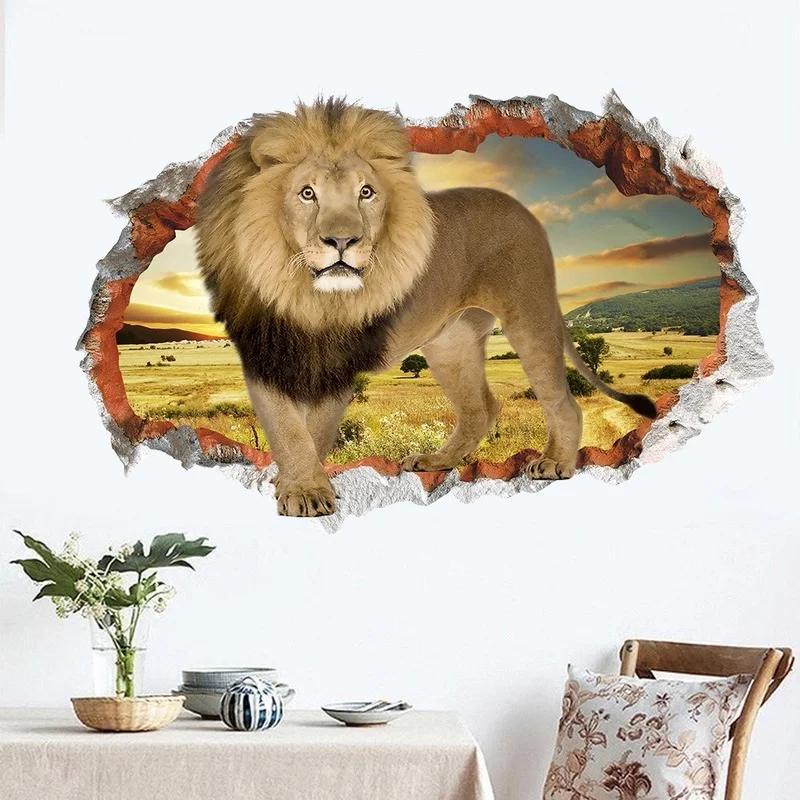 Animal Cartoon Lion Wall Sticker New Through Wall Grass Mural 3D Wallpaper Painting For Living Room Bedroom Home Decor Wholesale