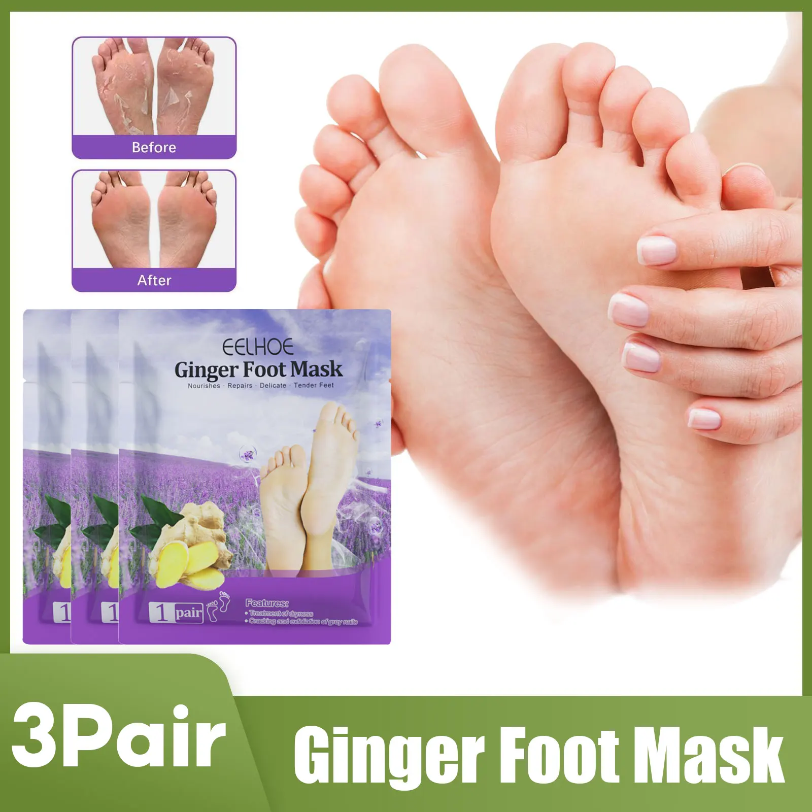 

3Pair Ginger Foot Mask Exfoliating Remove Dry Dead Skin Scrub Anti Cracked Pedicure Socks Heels Feet Peeling Masks for Foot Spa