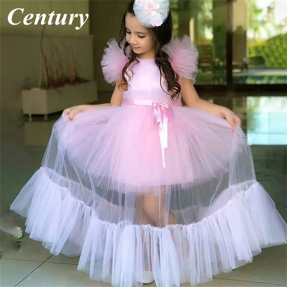 

Beach Pink Flower Girl Dresses Tulle First Gown Sweep Train Child Dress SashBirthday Dress Princess Dress Wedding Party Dress
