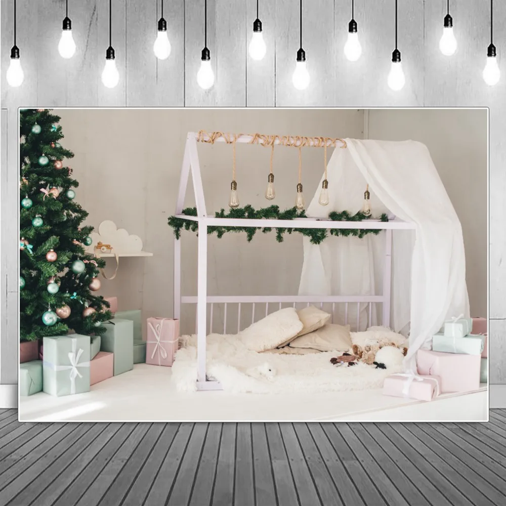 

Baby Christmas Bulbs Camp Tent Photography Backdrop Children White Wall Gift Balls Tree Bedroom Decoration Home Photo Background