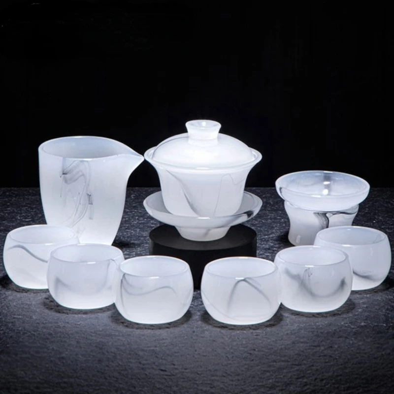 

Glass tea set set light luxury white jade kungfu tea cup household cover bowl high-end high-end tea making office gift box