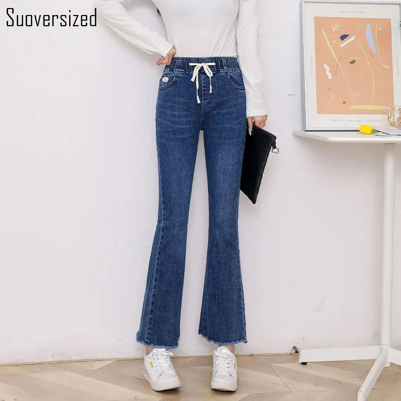 

Elastic High Waist Flare Jeans Women Vintage Blue Wool Edge Chic Ankle-Length Denim Pants Oversized 70kg Casual Cowboy Trouser