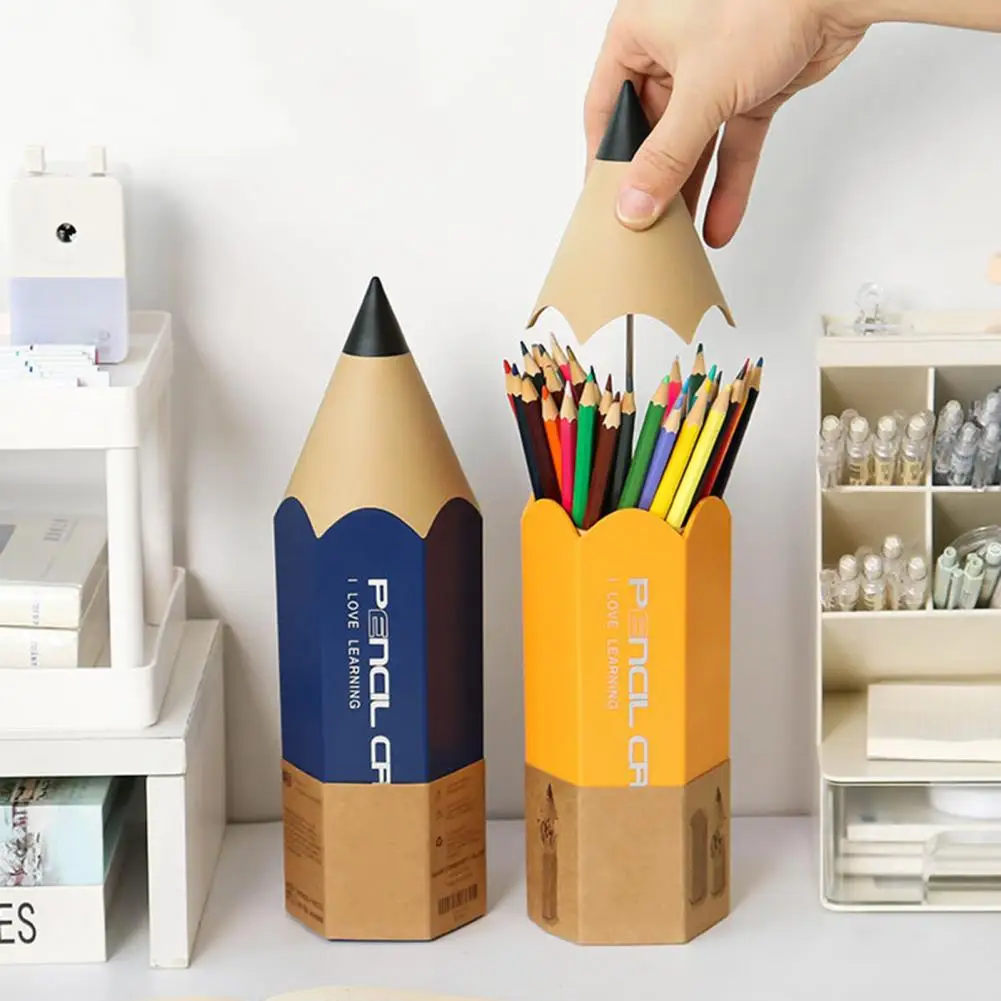 

Pen Holder with Dustproof Lid Pencil Shape Student Classroom School Desktop Pen Makeup Brush Storage Organizer Container