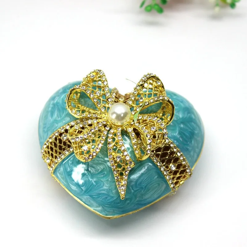 Pewter Heart Shaped Jewelry Box  with Bowknot Pearl Design Gift Case