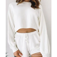 loungewear sleepwear elegant y2k loose crop top sweatshirt drawstring shorts suit set women tracksuit homewear