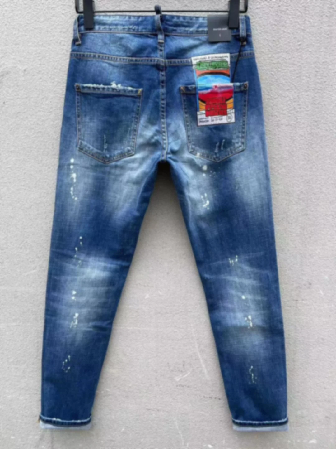 2023 Spring/Summer New D2 Jeans Men's Fashion Men's Water Wash Worn Hole Patch Paint Speckled Ink Small Foot Fit Blue