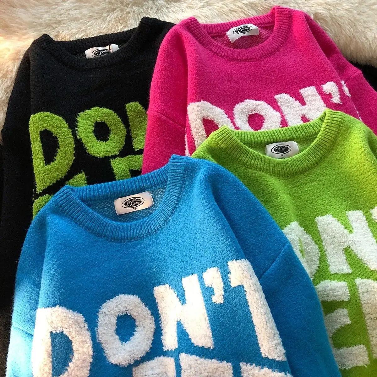 

Candy Color Sweatshirt 2022 Womens Winter Sweaters American Retro 90s Super Large Loose Fashion Campus Style Couple Four Colors