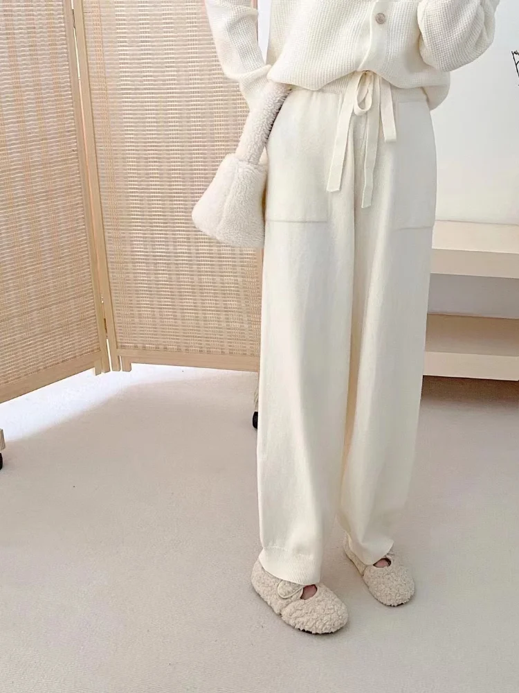 

Шикарные элегантные однотонные вязаные плотные брюки Davestis, женские осенне-зимние прямые брюки с эластичным поясом 2023, Женская Базовая Трикотажная одежда