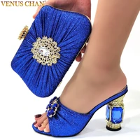 sandals summer 2022 rhinestone heel shoes and bags for women set blue color fashion party wedding reception ladies high heels