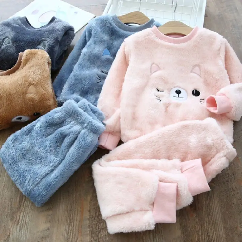 

Children cartoon pajamas set 2022 winter baby plus velvet flannel casual cute clothing boy girl toddler long-sleeved home sets