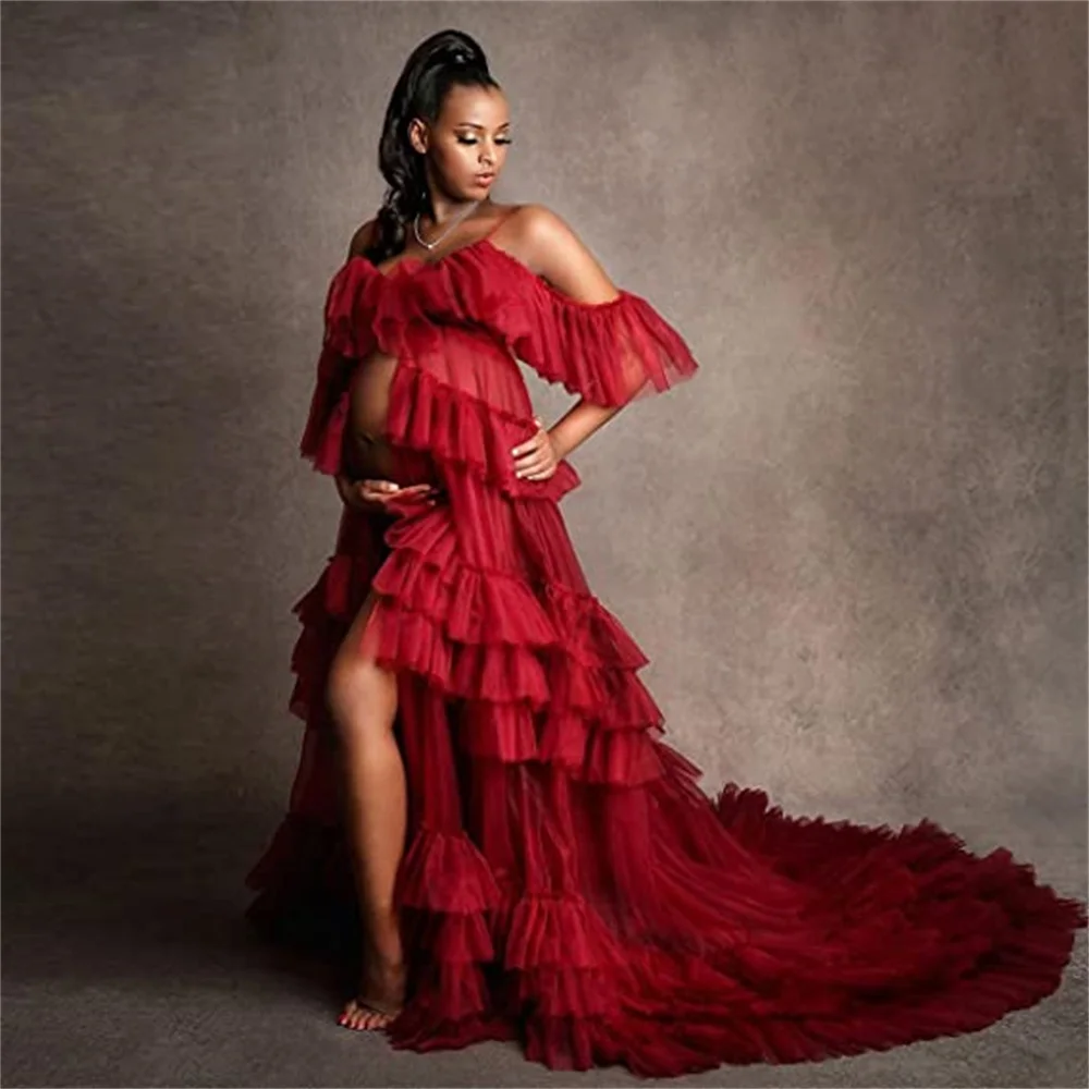 Fluffy Ruffles Maternity Gown for Photoshoot Sheer Tulle Maternity Dress for Baby Shower Dressing Gown