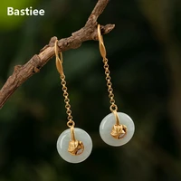 bastiee hook earrings s925 sterling silver gold plated jewelry natural emerald retro buckle lotus leaf long earrings