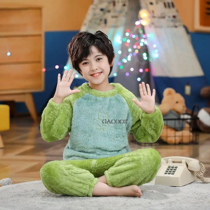 

2pcs/set Children's Sleepwear Winter Baby Boy Pajamas Set Thicken Plush Flannel Home Clothes Teens Girls Pyjamas for 4-18 Years