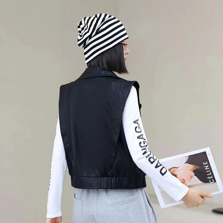 KoHuiJoo Korean Short Leather Coat Women Sleeveless Waistcoat Top 2022 Autumn Turndown Collar PU Leather Casual  Zippers Jacket