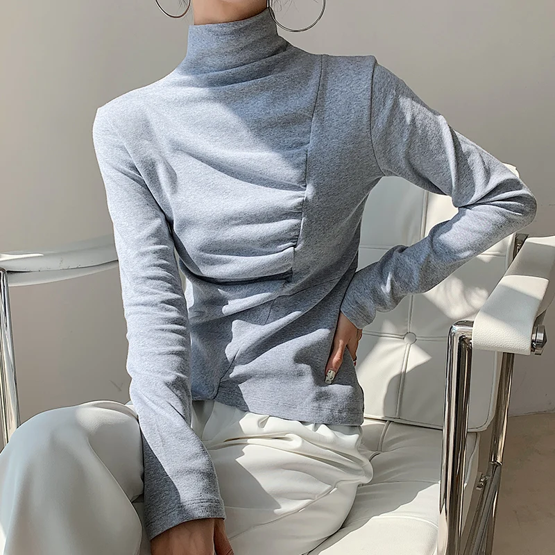 Folds Design Plush Thickened Turtleneck Bottomed Shirt Women Autumn Winter European American Fashion Tops Female Cheap Wholesale