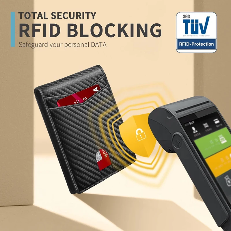 Фото Мужской кошелек из ультратонкой кожи Rfid с окошком для удостоверения личности, кошелек из углеродного волокна с несколькими картами №4