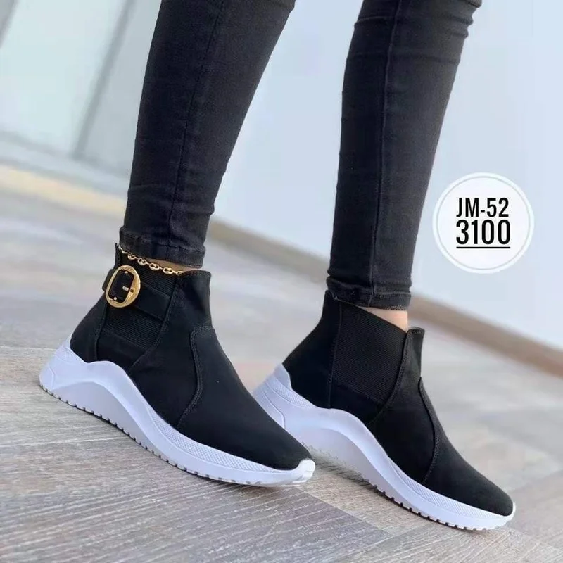 Hot Sale Women's High-top Sneakers Casual Shoes PU Vamp Round Toe Wedge Heel Metal Decoration Large Size Sneakers