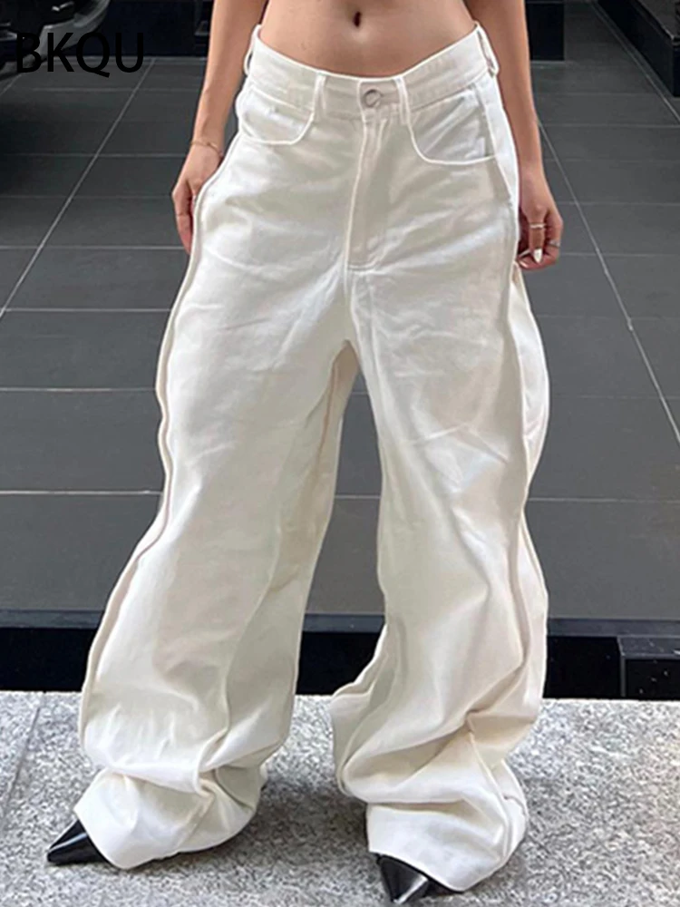BKQU Women Jeans Low Waisted Wide Leg Pants Oversized 2023 Y2K Aesthetics Solid Loose Patchwork Denim Trousers Female Streetwear