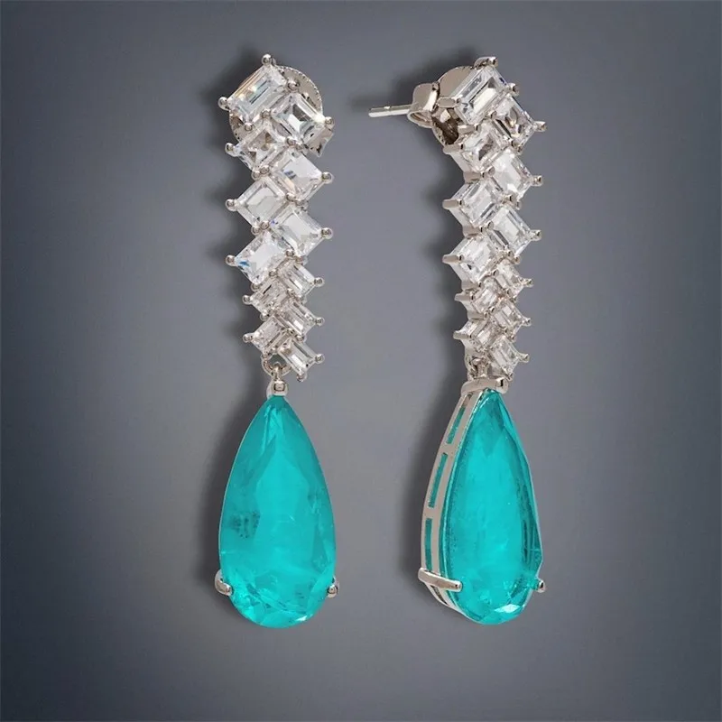 

Sky Blue Water Drop Pendant Earrings Inlaid White Cubic Zirconia for Women Bridal Fashion Wedding Jewelry Accessories Aretes
