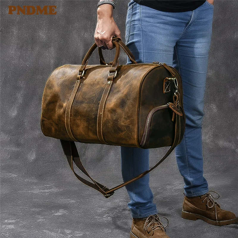 Vintage genuine leather large capacity men's travel bag luxury natural crazy horse cowhide weekend outdoor handbag luggage bag