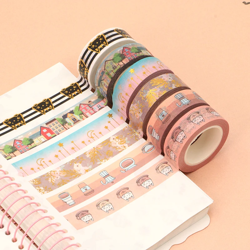 

2022 NEW 1PC 15MM*10M Gold Foil Cats Coffee Cap Coffee House Stars Moon Masking Tape Scrapbooking stationery washi tape