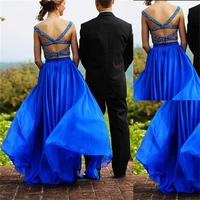 light royal blue chiffon prom dresses 2022 beaded spaghetti straps women wear long evening party gowns two pieces vestidos