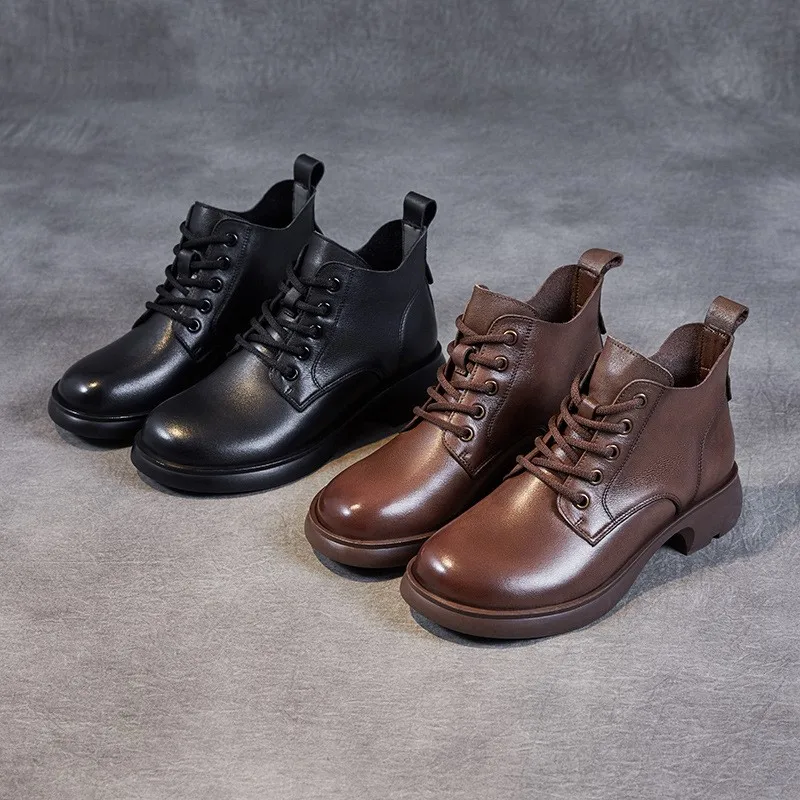 Genuine leather British Martin boots Women's V-neck lace up small boots Spring and autumn lace up and ankle thin boots Women's b