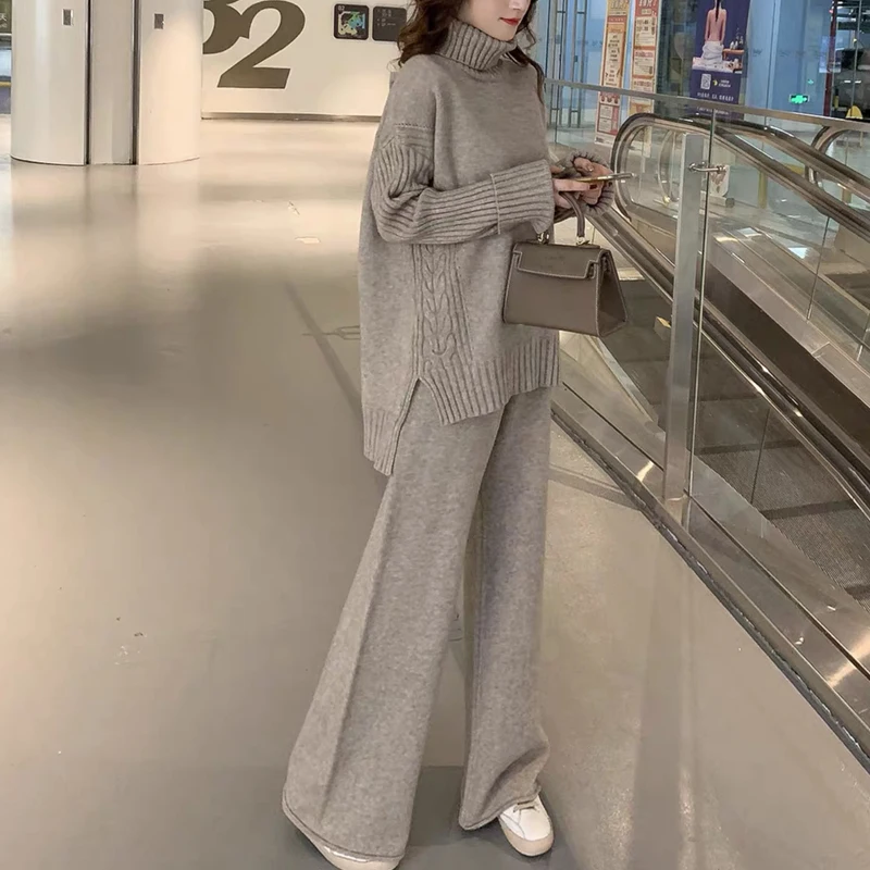 

High-End Vrouwen Warm Pak Herfst Vrouwen Trainingspak Gebreide Pakken 2 Delige Set Coltrui Truien Brede Benen broek Outfits