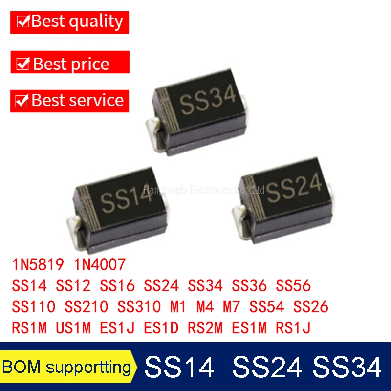100 шт. 1N5819 1N4007 SS14 SS12 SS16 SS24 SS34 SS36 SS56 SS110 SS210 SS310 M1 M4 M7 SS54 SS26 RS1M US1M ES1J ES1D RS2M ES1M RS1J RS1J