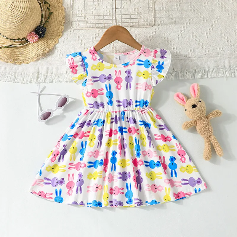 

Summer 2022 New Arrivals Girls Sleeveless Ruffles Print Rabbi Muti Dress Roupa Infantil Menina Cute Party Dress Custume 18M-6T