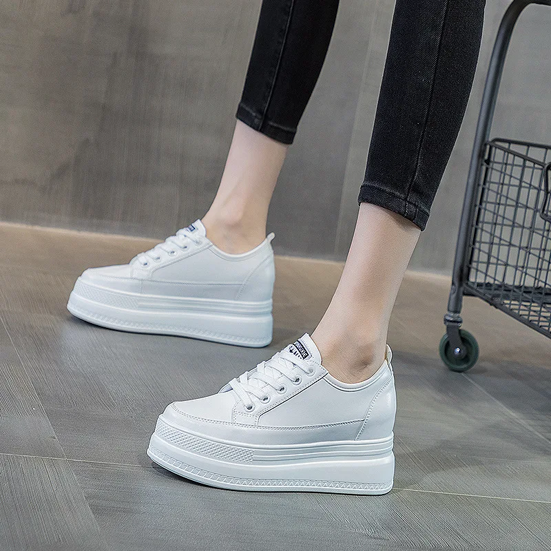 2023 New 8cm Increase  Height Genuine Leather Women Shoes White Fashion Outdoor Platform Wedge Sneakers Women Summer Shoes
