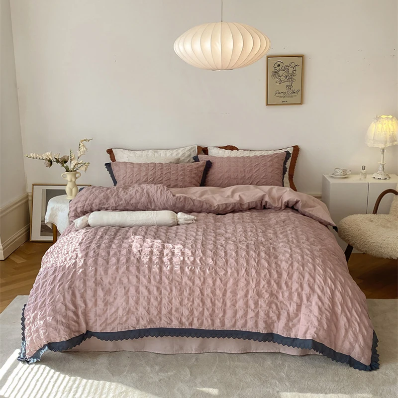 

Seersucker Nordic Princess Wind Cotton Sheets Soft Nude Sleeping Bed 4-Piece Bedding Set All Cotton Four Seasons Quilt Cover