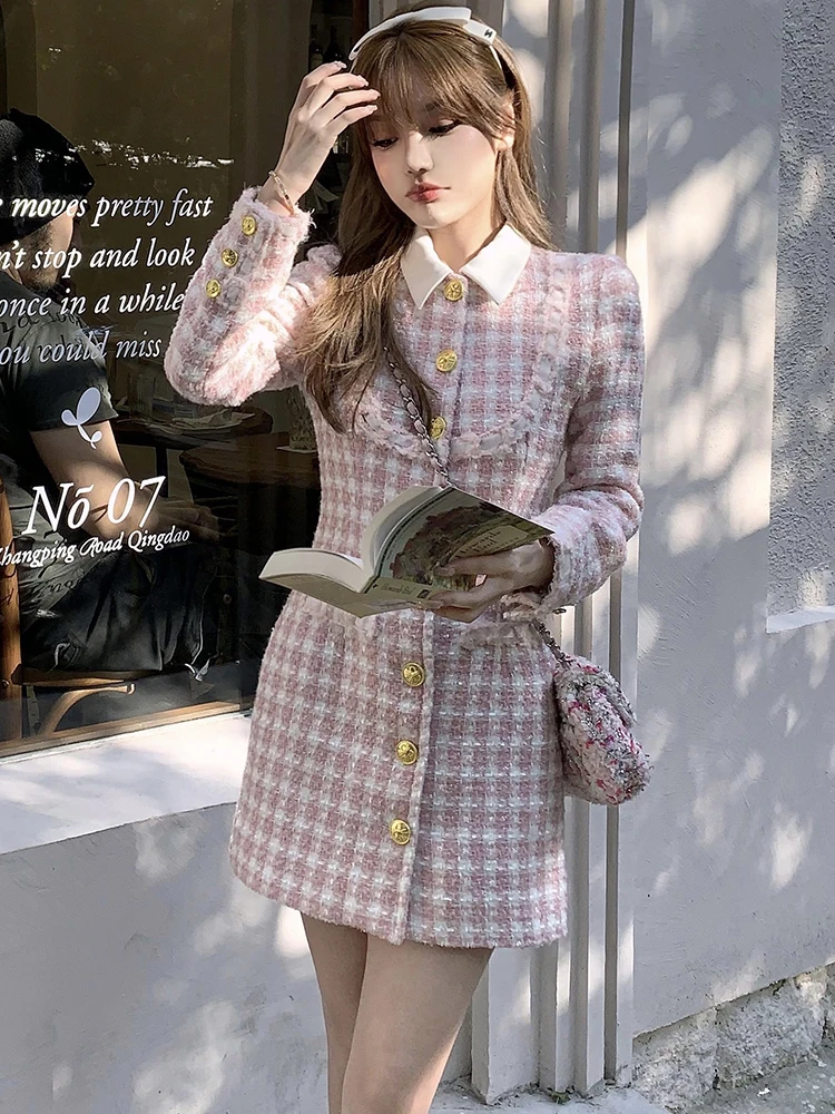 

Женское платье в клетку, маленькое приталенное твидовое платье-мини в Корейском стиле, с длинным рукавом и лацканами, в винтажном французском стиле, весна-осень