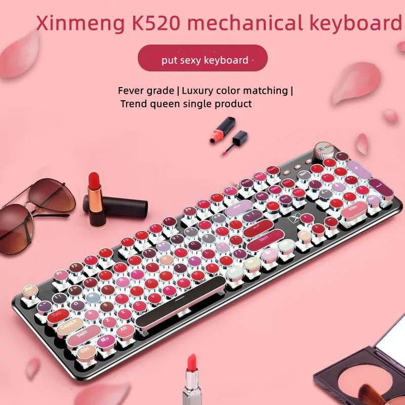 T520 Lipstick Real Mechanical Keyboard Set Retro Girl Pink Cute Green Axis Round Key Game Mouse Keyboard Adapter For Switch