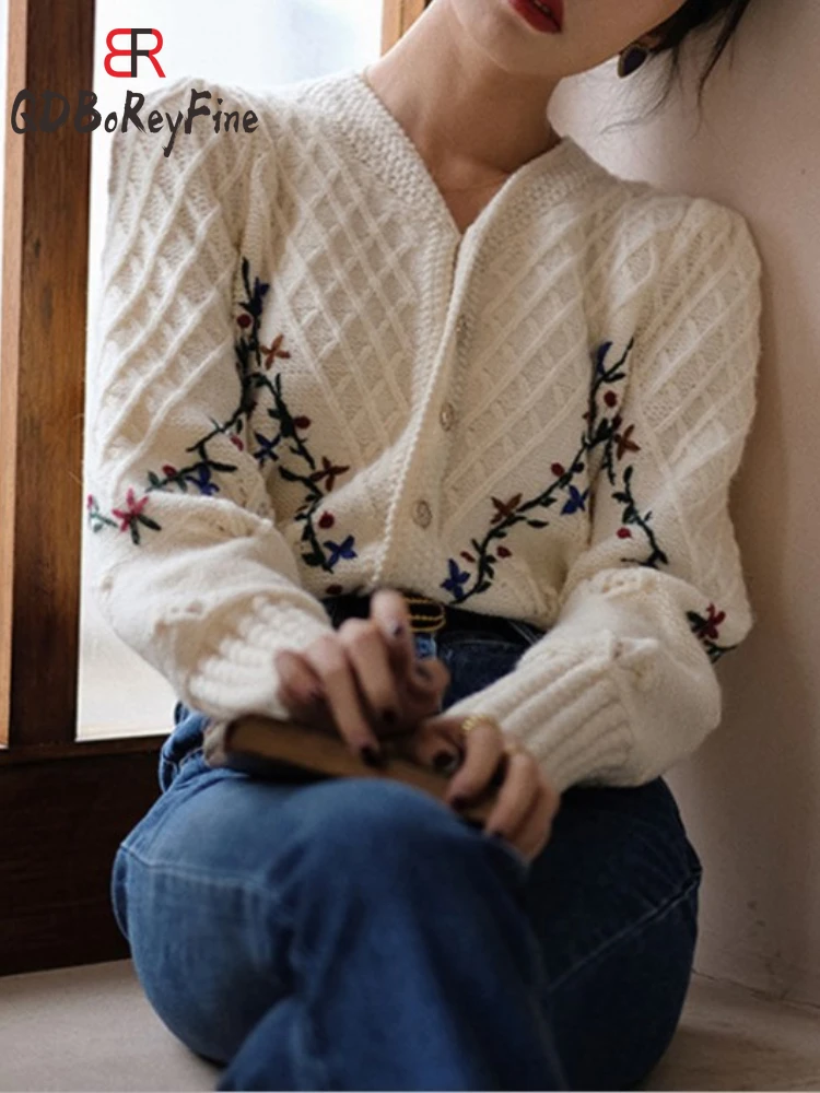 

Cropped Knitted Cardigan Coat Women Vintage Embroidery Hook Flower Autumn Long Sleeve Top Short Casual Winter Sweater for Women