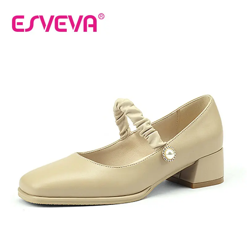 

ESVEVA 2022 Women Pumps Summer Low Heel Elegant Buckle Square Toe Microfiber Mary Janes Women Shoes Size 34-43