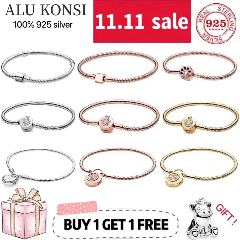 

Hot sale Luxury Original 100% 925 Sterling Silver Snake Chain pan Bracelet Crown Bangle for Women Authentic Charm DIY Jewelry