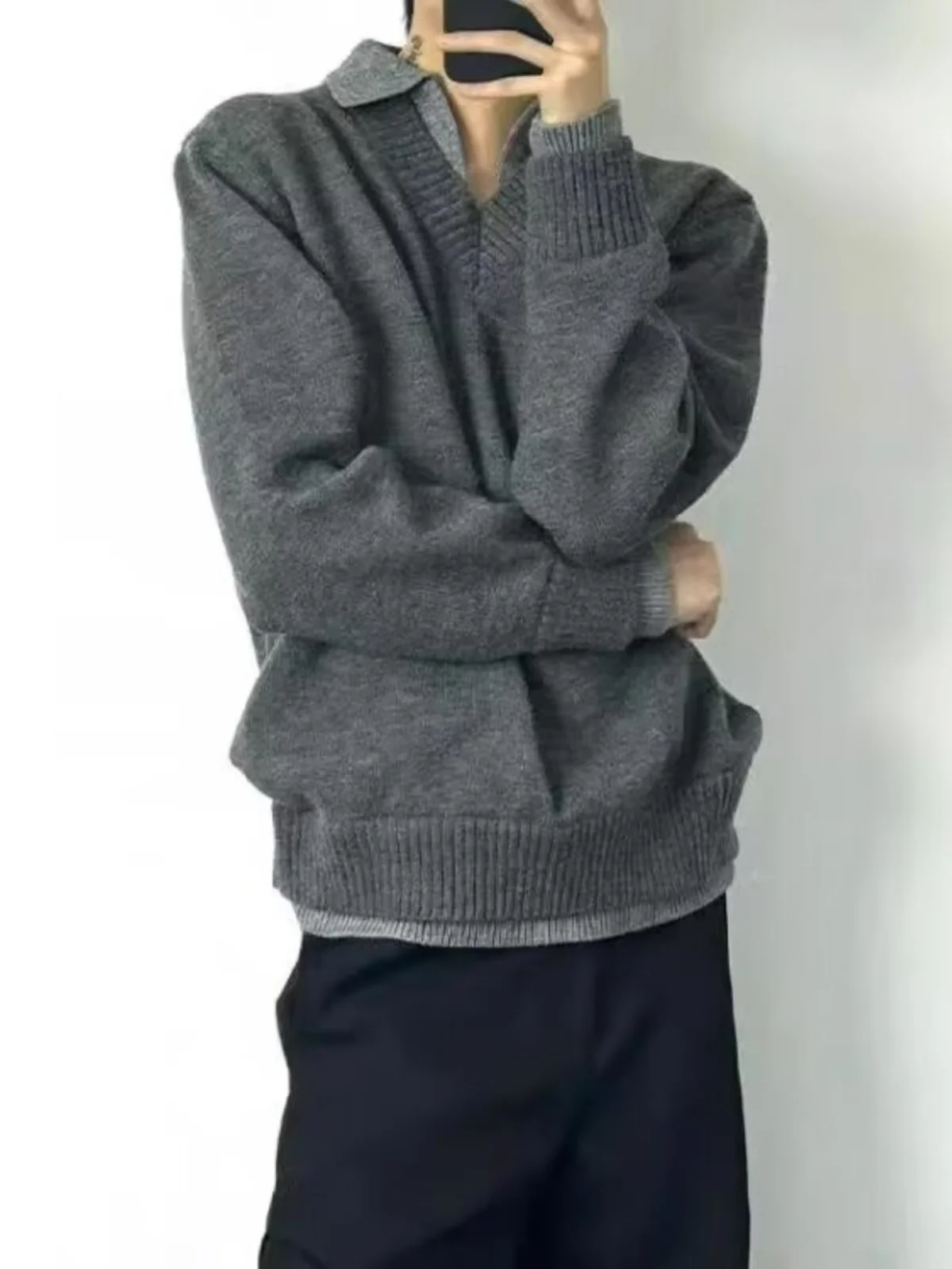 Design Sense Patchwork Contrast Color Fake Two Pieces Lapel Knit Men's Autumn and Winter Bottoming Shirt Loose Pullover...