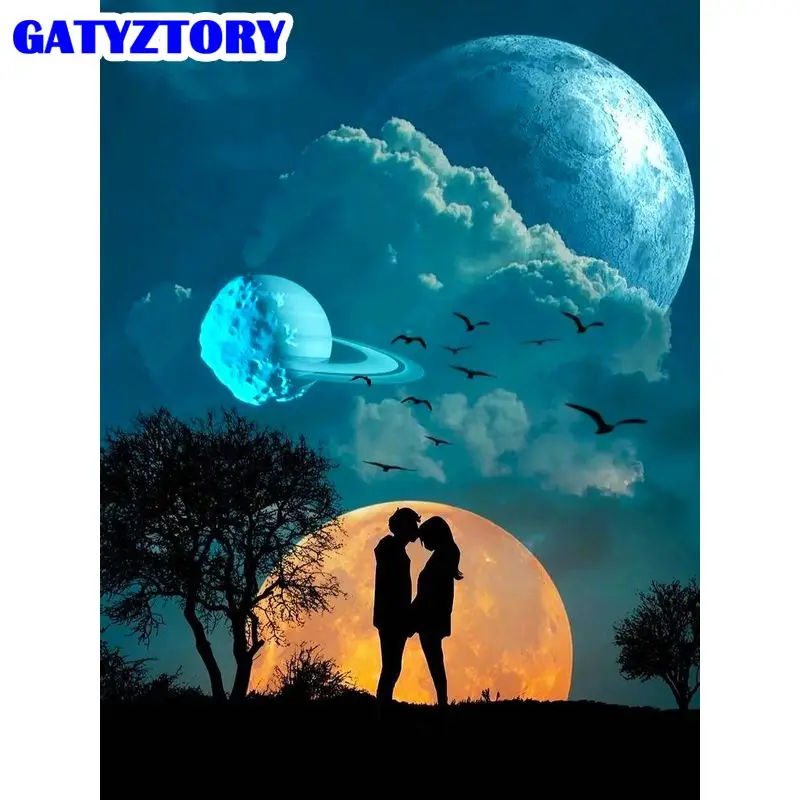 

GATYZTORY Paint By Number Moon Planet Landscape Wall Art Diy Frame Gift Picture By Numbers Couple Acrylic Canvas For Decoration