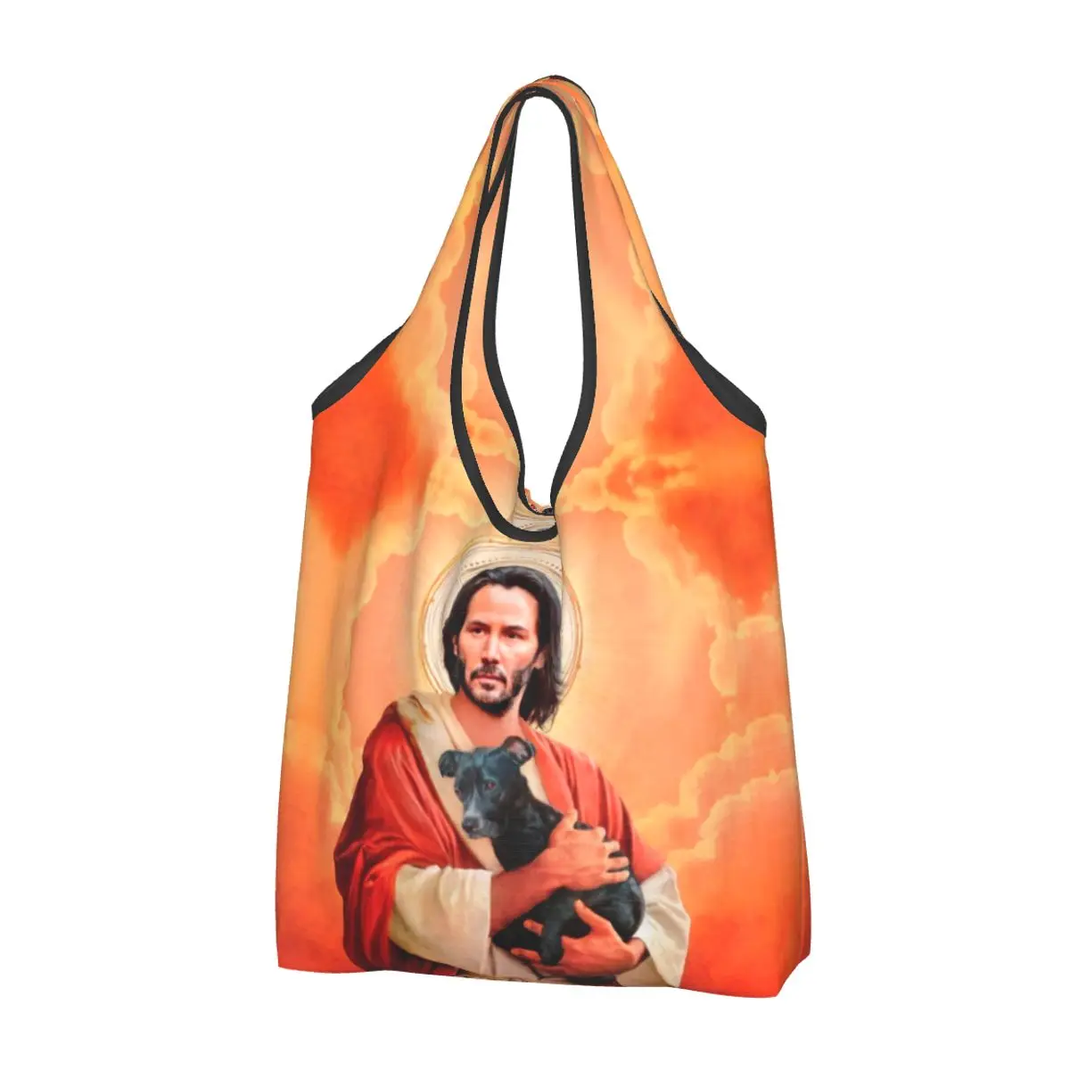 

Custom Jesus Saint Meme Keanu Reeves Shopping Bags Women Portable Large Capacity Grocery Shopper Tote Bags