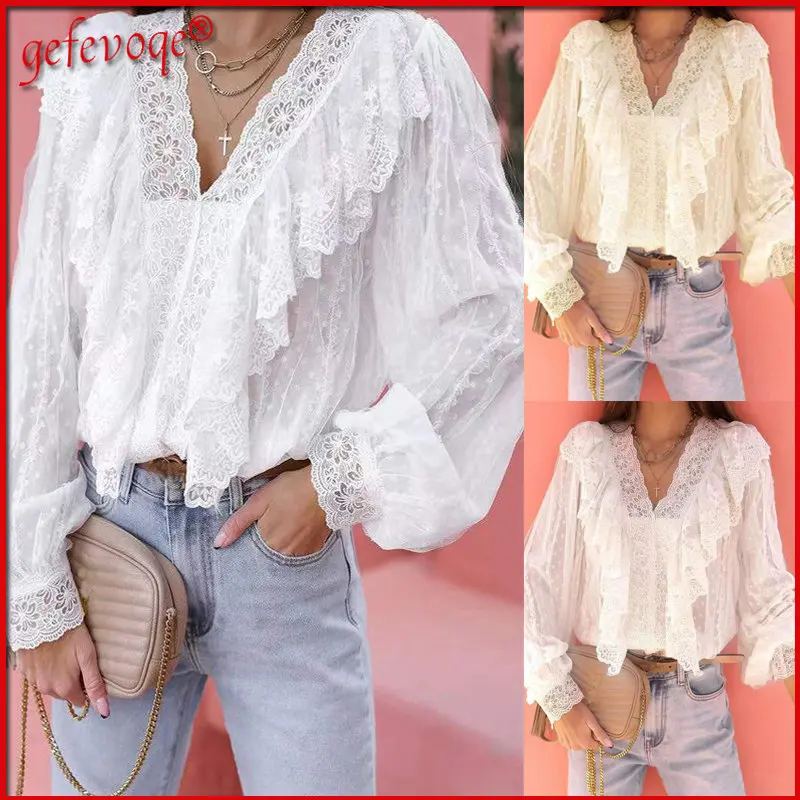 

Женская кружевная блузка с V-образным вырезом, длинным рукавом и оборками