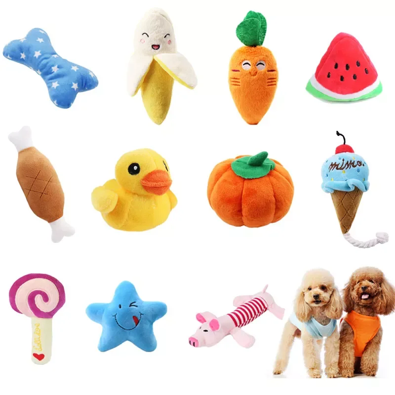 

pawstrip 1pc Plush Dog Toys Squeaky Bone Ice Cream Carrot Puppy Chew Toy Interactive Cat Toys Pet Dog Sound Toys For Small Dogs